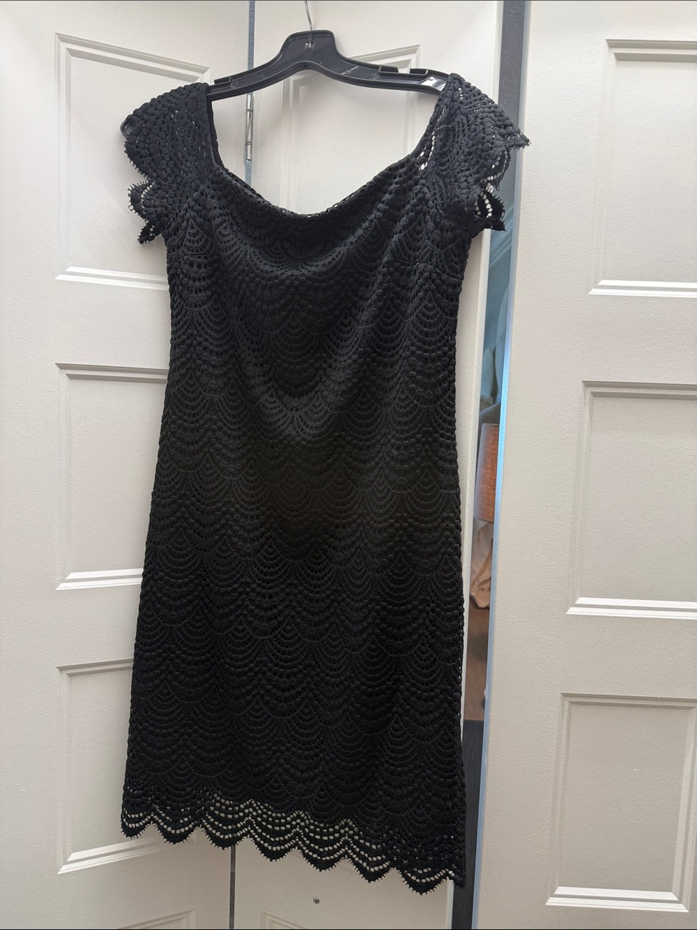 Lilly Pulitzer Black Crochet Dress with Scalloped Hem off the shoulder.